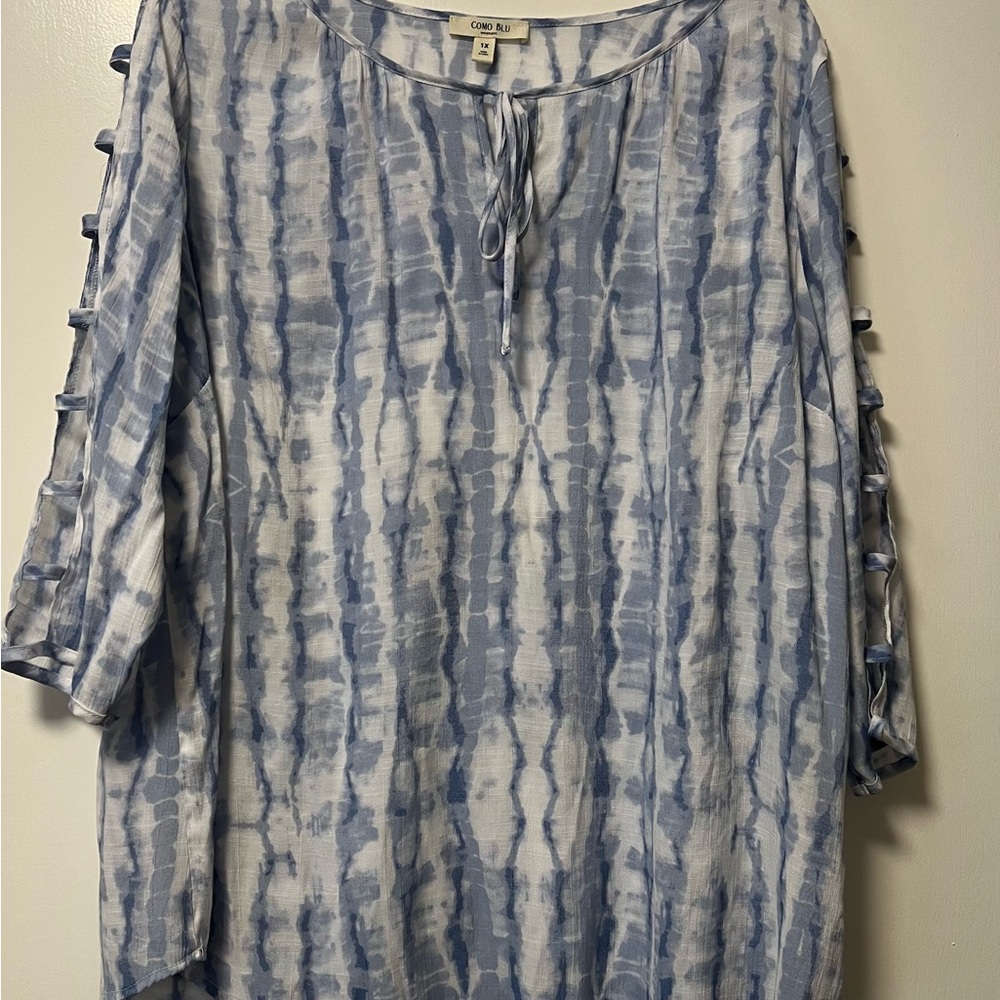 Como Blu Blue and White 3/4 Sleeve Peasant Top Blouse size 1X